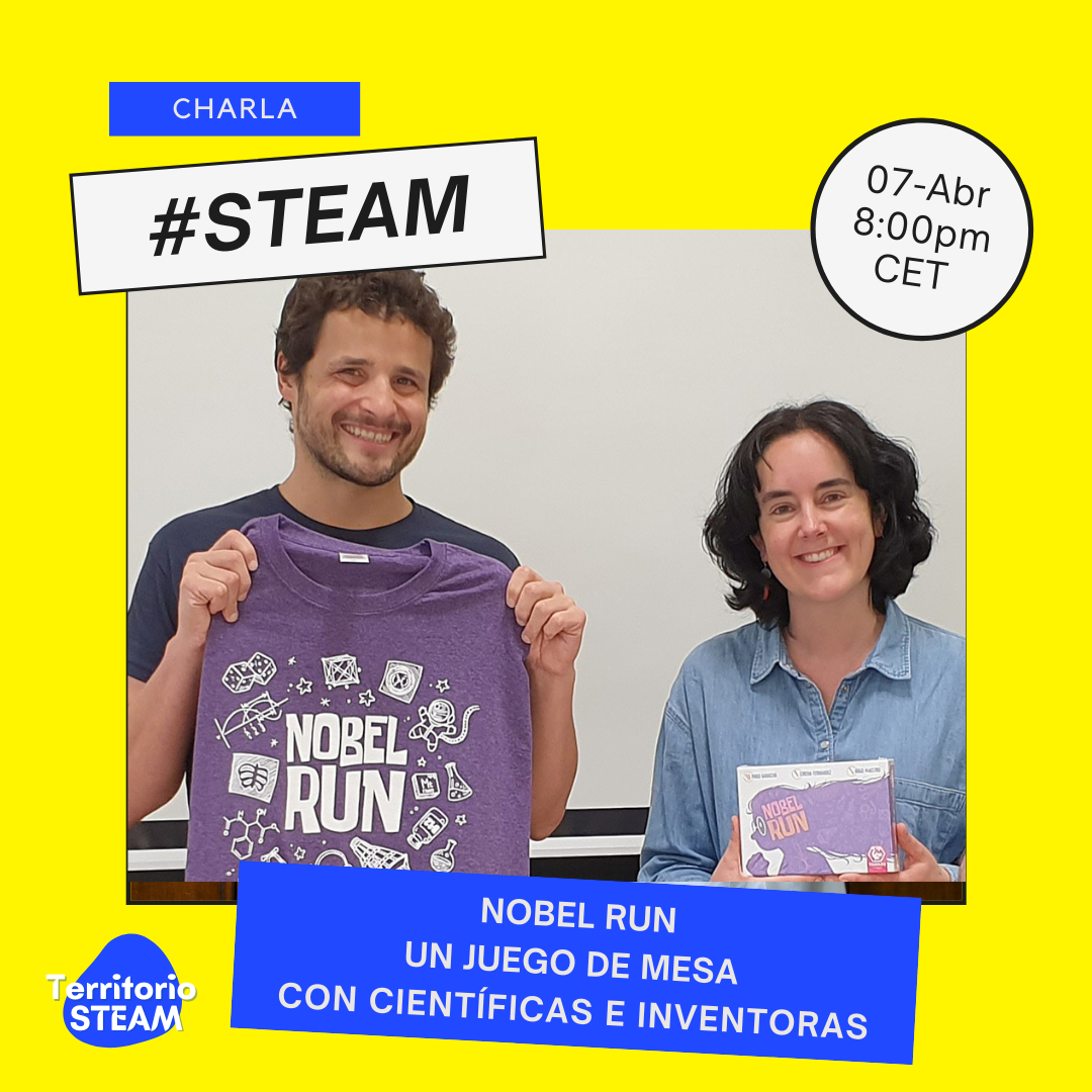 Cartel charla 'Nobel Run un jeugo de mesa de científicas e inventoras'
